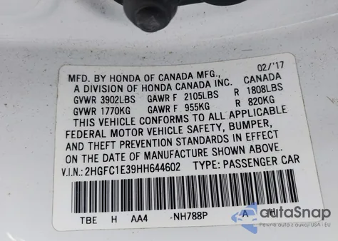 2017 Honda Civic Ex from USA, damaged, VIN 2HGFC1E39HH644602